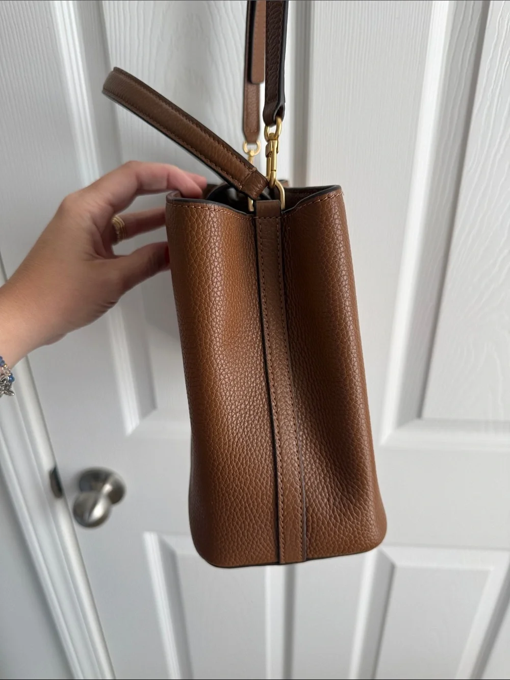 Tory Burch Brown Pebbled Leather Satchel with Top Handle & Adjustable Strap